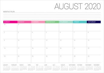 August 2020 desk calendar vector illustration