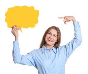 Young businesswoman with blank speech bubble on white background