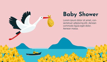 Baby shower invitation with stork flying and carrying a bundle. Cute colorful illustration.