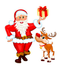 Santa Claus with a gift and a deer. Santa Claus and reindeer isolated on a white background