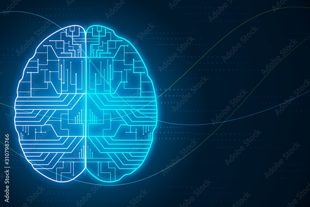 Poster human brain with microcircuit creative illustration on dark background. artificial intelligence and 