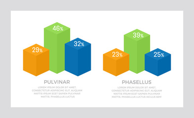 Set of green and blue, orange elements for infographic presentation slides with charts, graphs, brochures, steps.