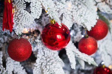 Beautifully decorated house with a gold and red decorated tree and presents at Christmas. New Year.