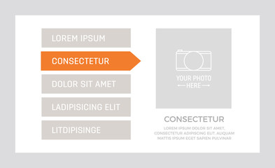 Set of orange elements for infographic presentation slides with charts, graphs, photo frames, steps, arrows.