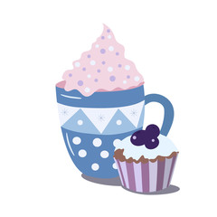 Vector cup of coffee with cream and muffin with bluberries, isolated illustration