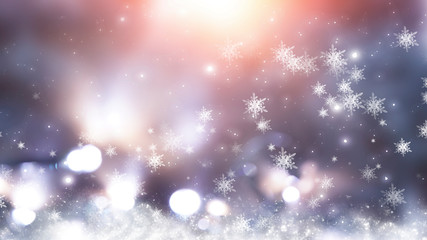 Obraz premium Blurred festive abstract background. Blurry bokeh lights, snowflakes, neon glow