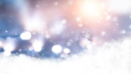 Blurred festive abstract background. Blurry bokeh lights, snowflakes, neon glow