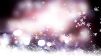 Fototapeta na wymiar Blurred festive abstract background. Blurry bokeh lights, snowflakes, neon glow