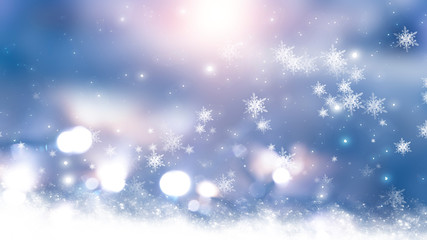 Blurred festive abstract background. Blurry bokeh lights, snowflakes, neon glow