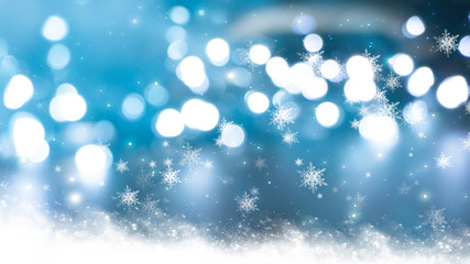 Blurred festive abstract background. Blurry bokeh lights, snowflakes, neon glow