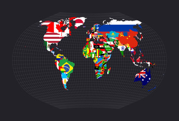 Map with flagsofallcountries of the world. Ginzburg V projection. Map of the world with meridians on dark background. Vector illustration.