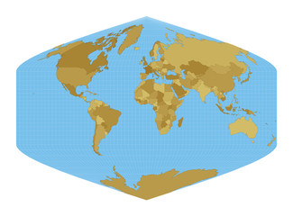 World Map. Baker Dinomic projection. Map of the world with meridians on blue background. Vector illustration.