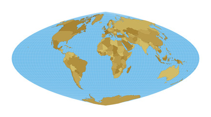 Fototapeta na wymiar World Map. Boggs eumorphic projection. Map of the world with meridians on blue background. Vector illustration.