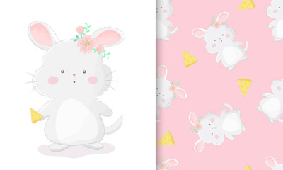 Cute hand drawn chinchilla with piece of cheese with seamless pattern set vector