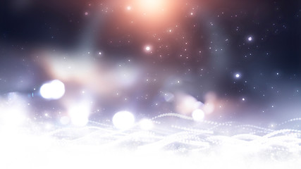 Blurred festive abstract background. Blurry bokeh lights, snowflakes, neon glow. Empty dark, winter scene with snowflakes, winter dark background. Abstract snow, blizzard. Abstract light, rays, snow. 