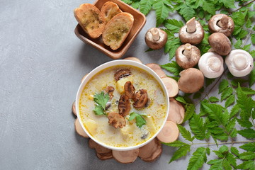Delicious soup with mushrooms champignon and potato.Creamy Chanterelle Soup .Nordic cuisine. Vegan soup