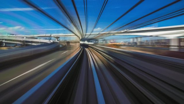4K Timelapse of moving train at sunset, Tokyo, Japan