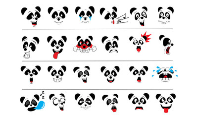 Panda Faces Set. Vector Illustration of Cute Emotional Animal Heads. Smile, kiss, sad, cry, laugh, shy, surprised, angry, cool, and sleepy.