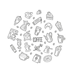 Hand drawn round concept with coffee and dessert icons in doodle style. Black outline isolated on a white background. Cute template for coffee shop or cafe, menu, cards, banners. Vector illustration