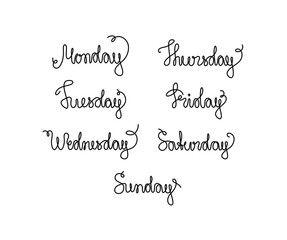 Handwritten days of the week: monday, tuesday, wednesday, thursday, friday, saturday, sunday; calligraphy, design for poster, neon, banner, card and logo, isolated vector. Continuous line drawing.
