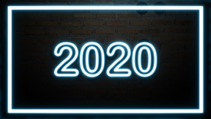 Neon realistic symbol text design template billboard. Neon 2020 Hello Happy new year holiday season sign. Light with-blue glowing Banner on Old vintage brick wall.Graphic frame logo Illustration.
