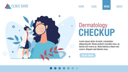 Landing Page Advertising Dermatology Checkup. Woman Dermatologist with Magnifying Glass Examining Patient. Face Skin Rash Problem. Health Skincare. Online Consultation. Cartoon Vector Illustration