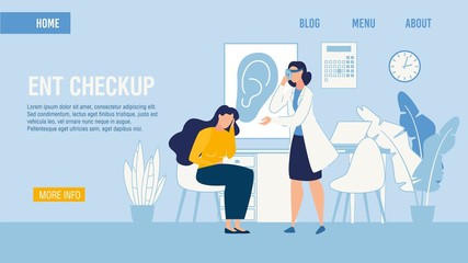 Flat Landing Page Medical ENT Checkup Service. Professional Otolaryngologist Making Patient Examination with Special Equipment. Woman Suffering from Ear Ache. Vector Cartoon Illustration