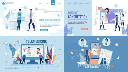 Landing Page Set Advertising Telemedicine Services. Online Consultation via Internet on Smartphone and Computer. Smart Medicine. Healthcare for Disabled, Sick, Weak-Eyed Patients. Vector Illustration