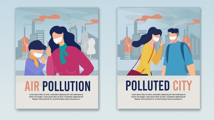 City Air Pollution Problem. Cartoon Warning Vertical Banner or Poster Set. Mother with Son and Teenagers in Protective Facial Masks on Factory Pipes Emitting Industrial Smoke. Vector Flat Illustration