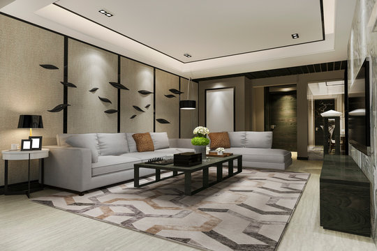 3d rendering modern dining room and living room with luxury decor
