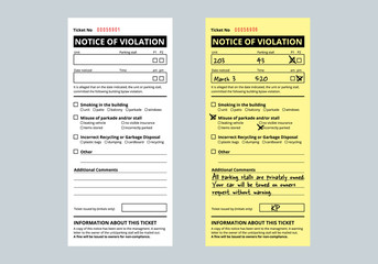 Notice of violation ticket for building bylaws. Bylaw infraction. Strata or rental property management tool to warn about smoking, parking and recycling.  Vector - obrazy, fototapety, plakaty