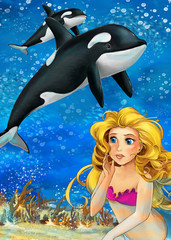 Naklejka premium Cartoon ocean and the mermaid in underwater kingdom swimming with fishes - illustration for children
