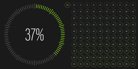Set of circle percentage diagrams meters from 0 to 100 ready-to-use for web design, user interface UI or infographic - indicator with green