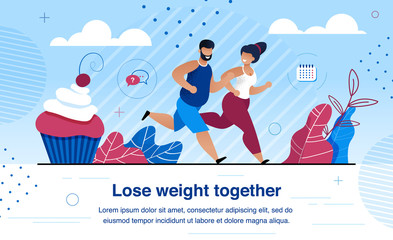 Weight Lose and Family Healthy and Active Lifestyle Trendy Flat Vector Banner, Poster Template with Happy African-American Couple, Wife and Husband Dieting, Jogging Outdoors Together Illustration