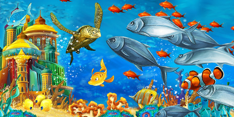 Obraz na płótnie Canvas cartoon scene animals swimming on colorful and bright coral reef - illustration for children