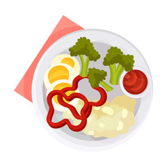 Breakfast Plate with Healthy Vegetables with Boiled Eggs Served on White Plate Vector Illustration