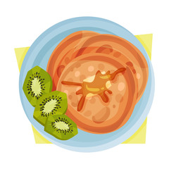 Breakfast Table Vector Illustration. Pancakes with Sliced Kiwi Fruit Served on Plate