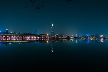 Fototapeta na wymiar Skyline of Nanjing City by Xuanwu Lake in the Night