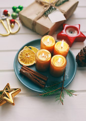 Christmas and New Year holiday background and wallpaper. Christmas decoration toys on the dark gray background. Top view. Preparation for winter holidays