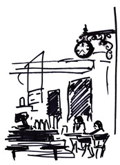 drawing tables, visitors, watches in a cafe