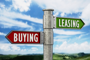 Signpost with buying and leasing arrows against the blue sky. 3D illustration