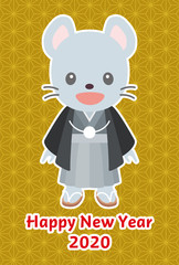 ねずみのキャラクターの年賀状　麻の葉文様（黄）