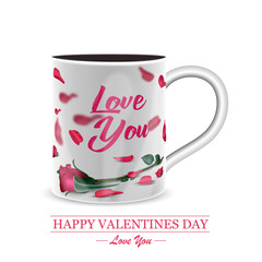 Valentines day Cup with red 3d glossy hearts and hand lettering. Celebration design. Happy Valentines Day card. Wedding invitation. Vector illustration