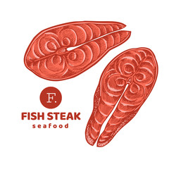 Fish steaks colored illustrations. Hand drawn vector seafood illustration. Engraved style. Vintage food, piece of salmon or trout