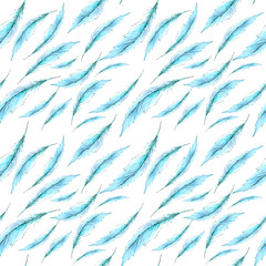 Watercolor had drawn seamless kawaii cute nice blue turquoise boho feather bird wing patter background