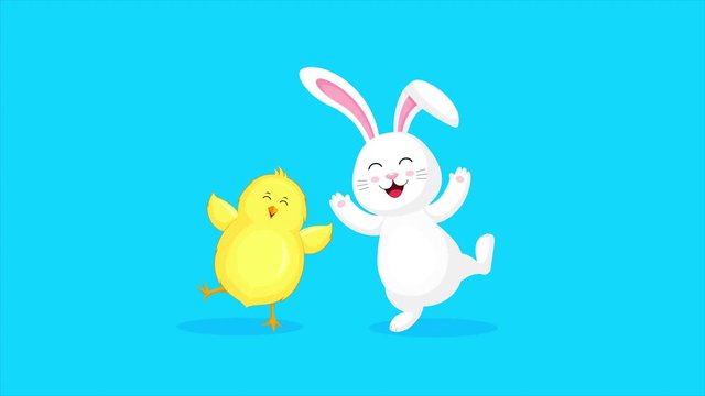 White rabbit jumping and dancing with little chick. Cartoon character design. Easter holiday concept. Animation on blue background.