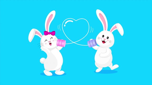 Cute cartoon bunny character, boy and girl talking on tin can phone. Love emotion, happy valentine's day. Animation on blue background.