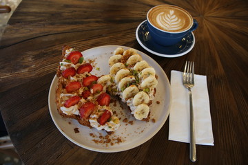 Dessert Tiramisu with fruit peach and banana