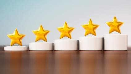 Five stars rating on the table. 3D illustration