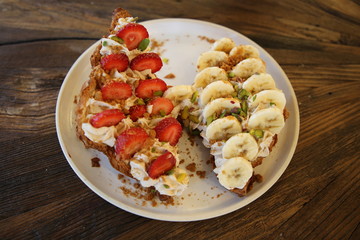 Dessert Tiramisu with fruit peach and banana